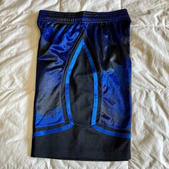 And1 Mens Small Basketball Shorts Silky Shiny Dazzle Blue Black Geometric Pocket - Picture 4 of 14